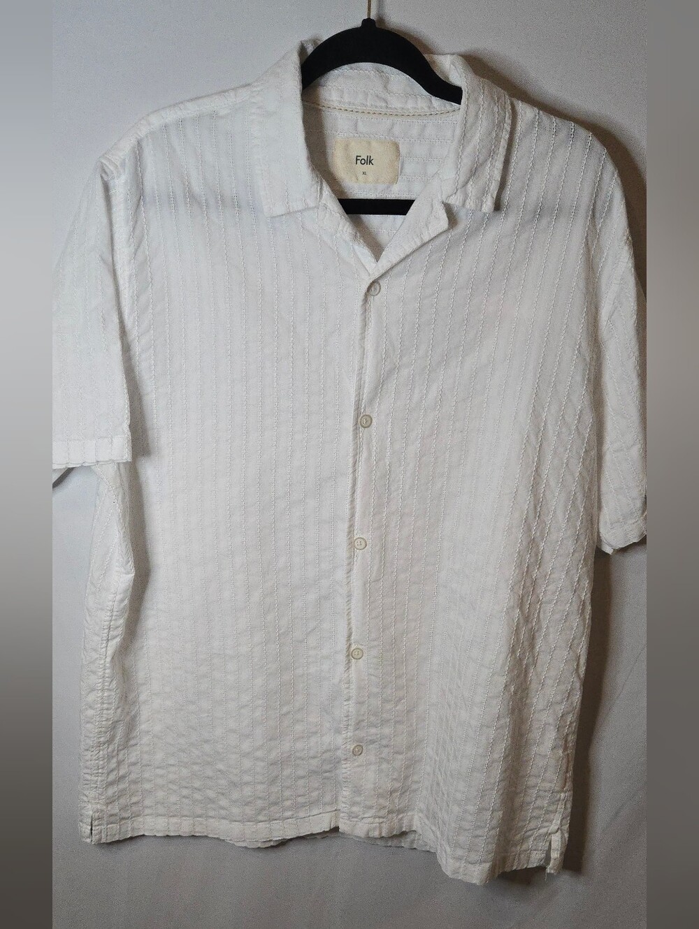 Folk White Striped Dobby SS Textured Camp Collar Cotton Button Up Shirt Men's XL